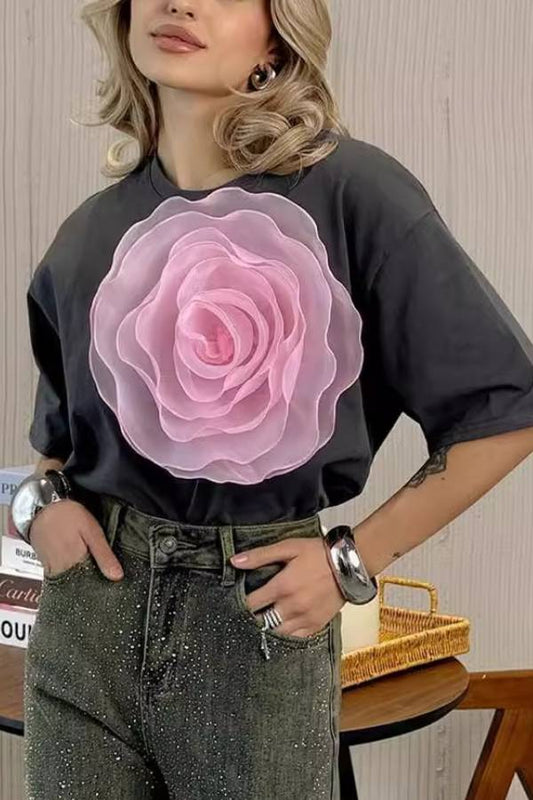 Camiseta holgada de malla tridimensional de algodón color camelia de manga corta