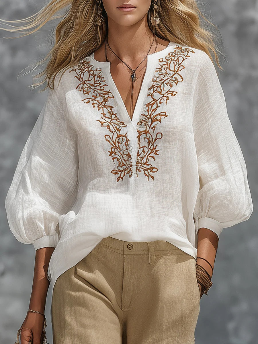 sheenchic Business Casual White V Neck Puff Sleeve 3/4 Sleeve Pocket Casual Embroidery Two Piece Pant Sets [Pre-Order]