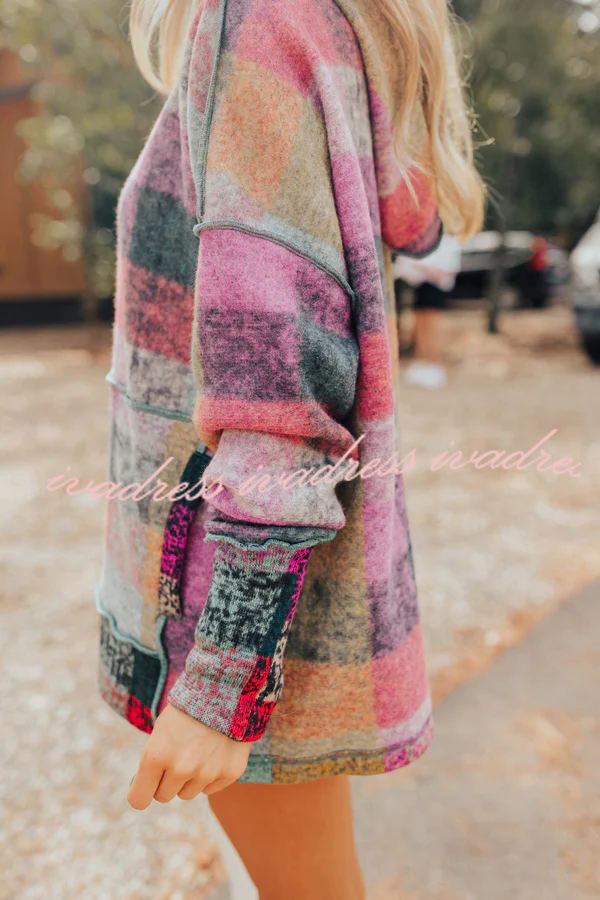 Brighten Up Your Day Hot Plaid Print Kangaroo Pocket Loose Hoodie