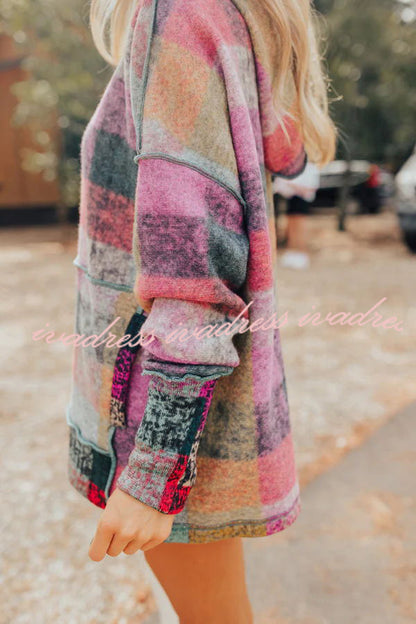 Brighten Up Your Day Hot Plaid Print Kangaroo Pocket Loose Hoodie