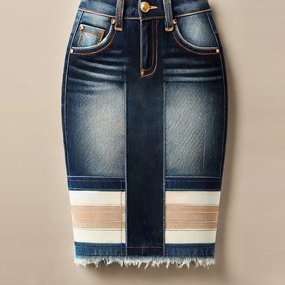 sheenchic High Rise Contrast Striped Denim Raw Edge Midi Skirt