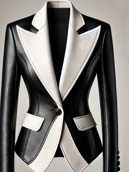sheenchic Formal Contrast Color Peaked Lapel PU Leather Blazer