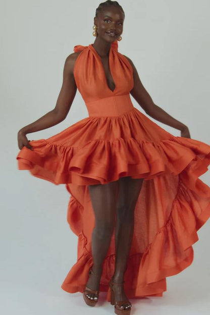 V - Neck Halter Asymmetric Ruffle Gown
