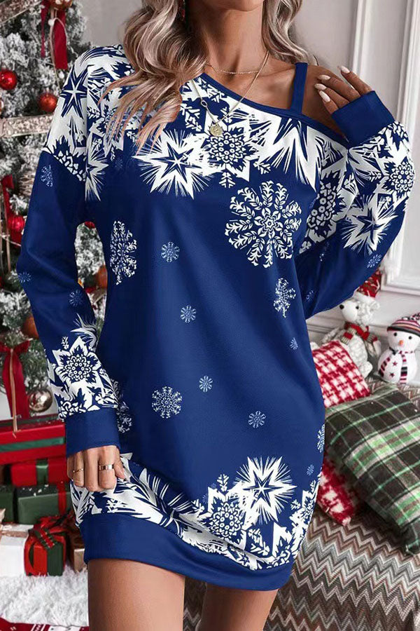 Vestido mini sudadera holgado con hombros descubiertos y copos de nieve navideños 