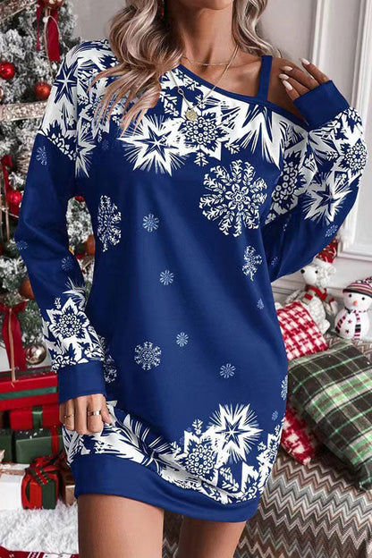 Vestido mini sudadera holgado con hombros descubiertos y copos de nieve navideños 