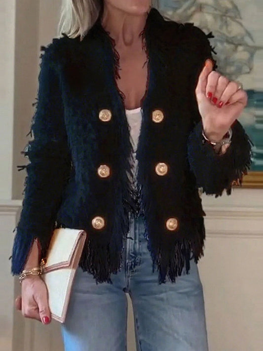 Daily White Long Sleeve Strappy Casual Button Tweed Jacket