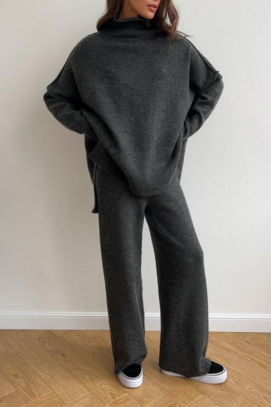 Conjunto de dos piezas de suéter de punto holgado de cuello alto y pantalones de pierna ancha 
