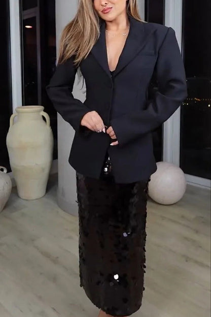 Blazer elegante con solapa y bolsillo, manga larga, hombros acolchados y cintura ajustada para vacaciones 