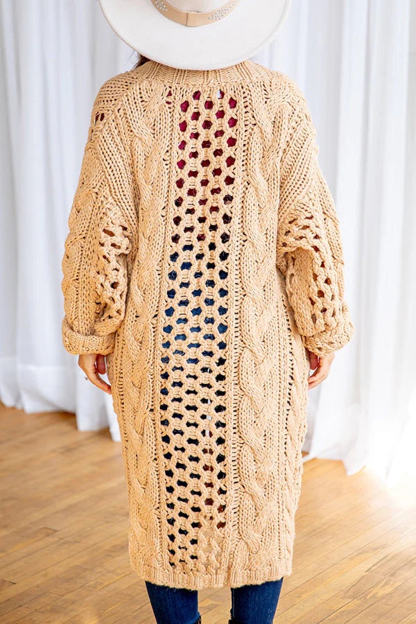 Knit Cable Cotout Long Sleeve Pocket Oversized Midi Cardigan