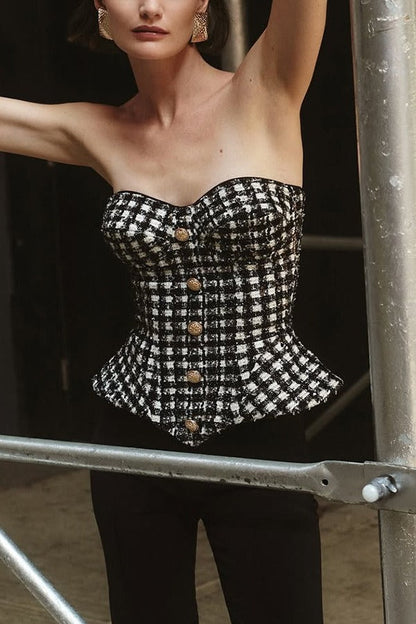 Chanel-style patterned tube top with waist