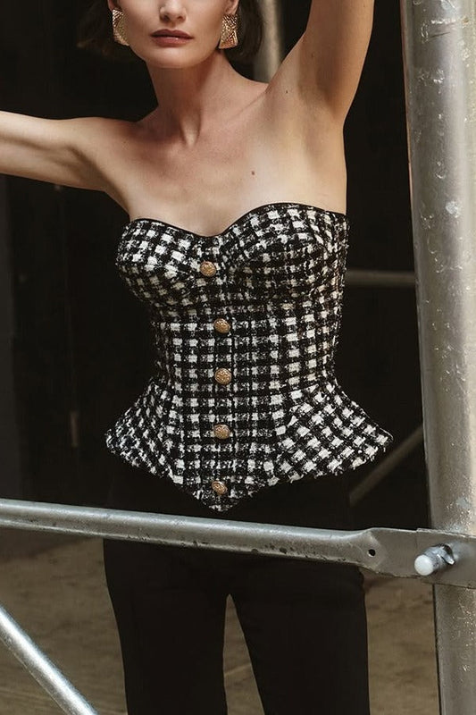 Chanel-style patterned tube top with waist