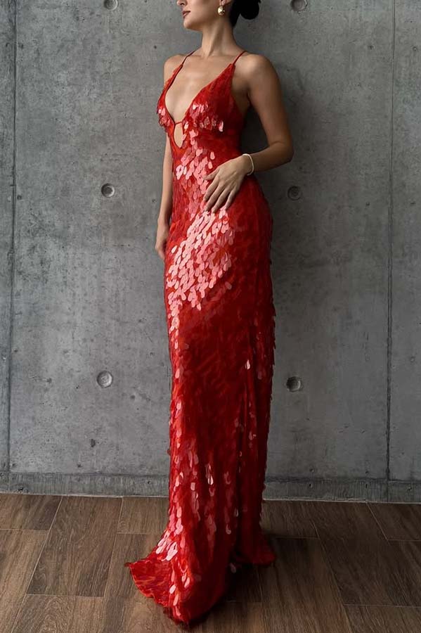 Reshape Beauty Fish Scale Sequin Cutout U-neck Slip Maxi Dress