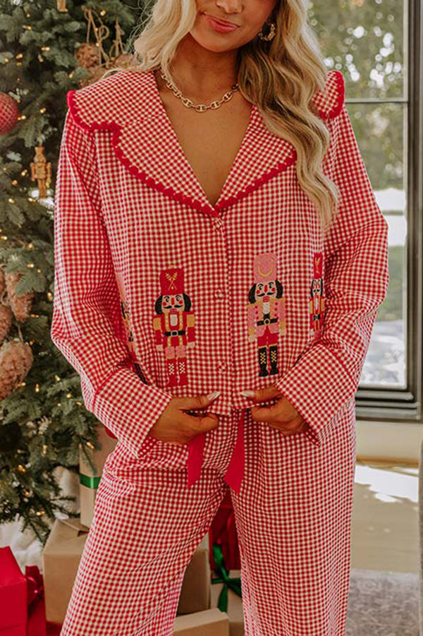 Nutcracker Charm Embroidered Gingham Loose Shirt and Elastic Waist Pajama Set