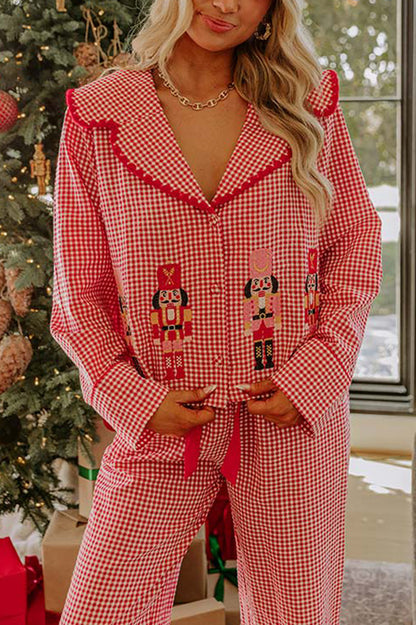 Nutcracker Charm Embroidered Gingham Loose Shirt and Elastic Waist Pajama Set