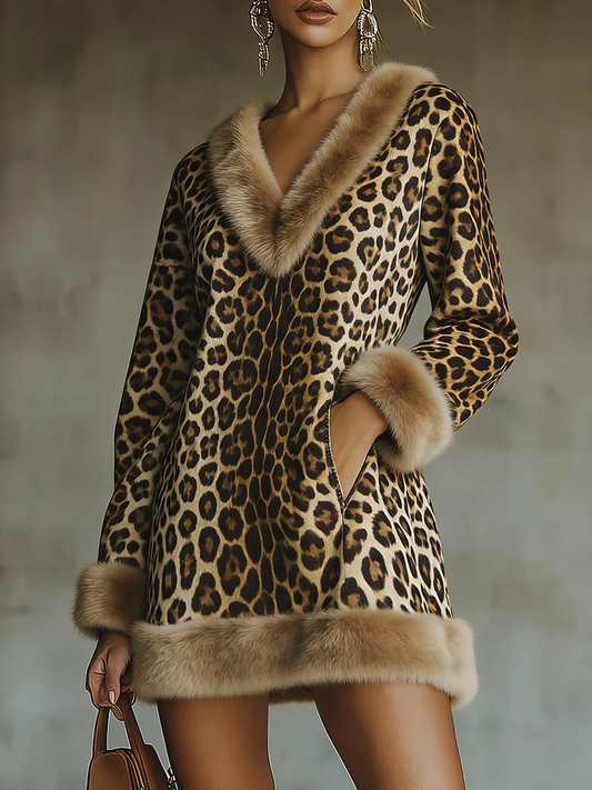 sheenchic Daily Brown Leopard V Neck Long Sleeve Pocket Western Contrast Faux Fur Mini Dresses