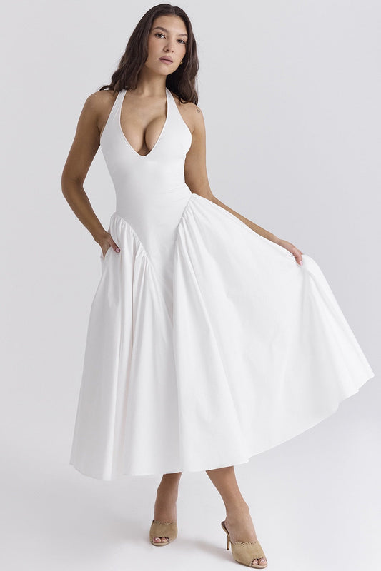 White Cotton Halter Midi Dresses