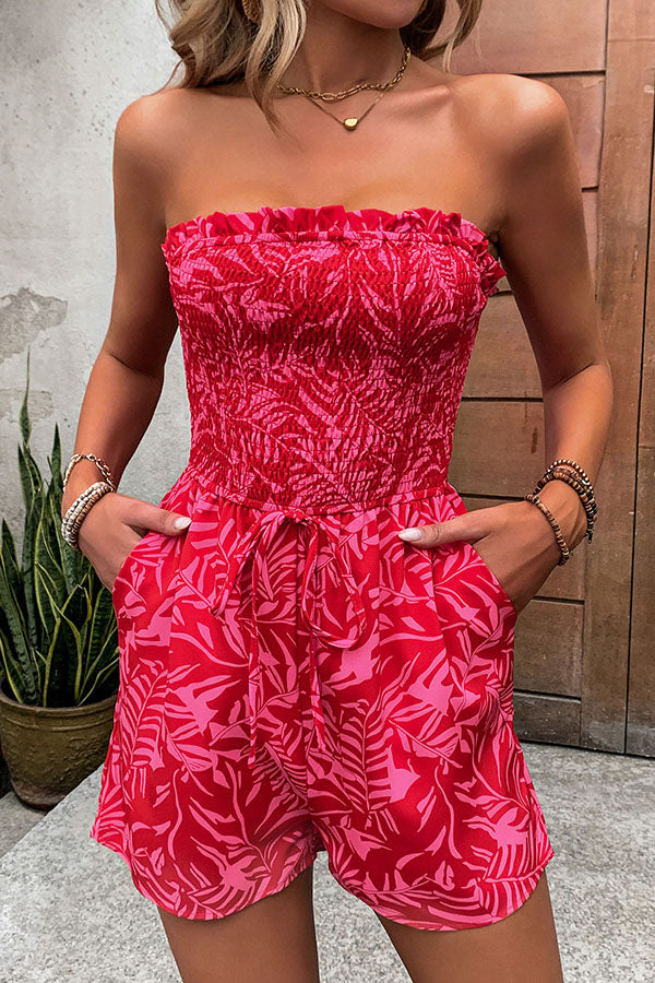 Plant Print Tube Top Lace-up Pleated Casual Rompers