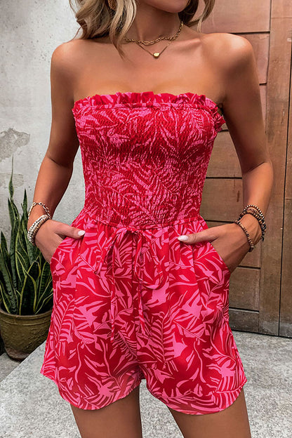 Plant Print Tube Top Lace-up Pleated Casual Rompers