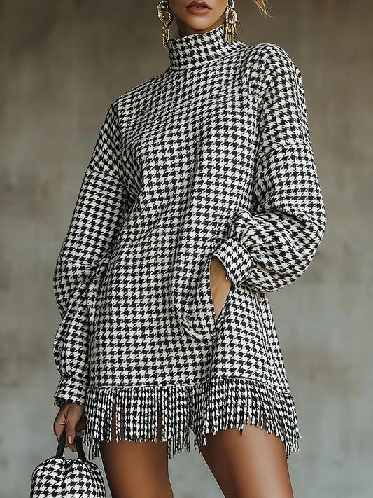 sheenchic Daily Black Houndstooth High Collar Lantern Sleeve Long Sleeve Strappy Casual Pocket Mini Dresses