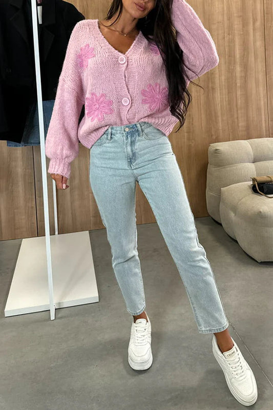 Embroidered Floral V-neck Long-sleeved Button-knit Cardigan