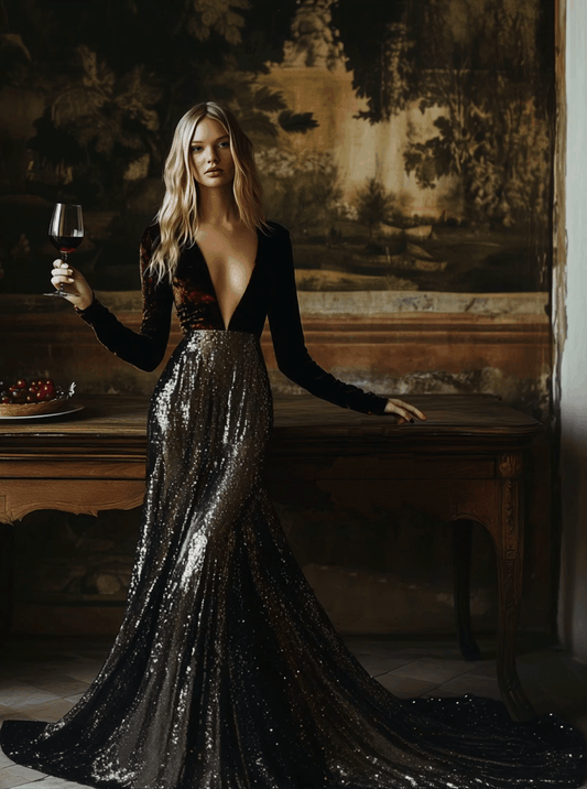 【24-hour shipping out】V-Neck Stylish Elegant Solid Color Velvet Sequined Long Maxi Dress