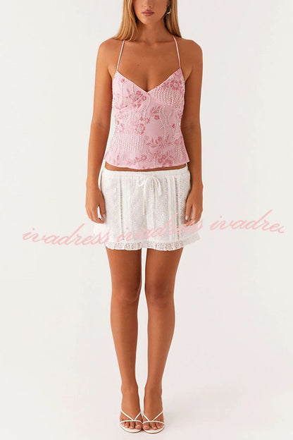 Dazzling Sequin Beaded Material Back Lace-up Loose Tank