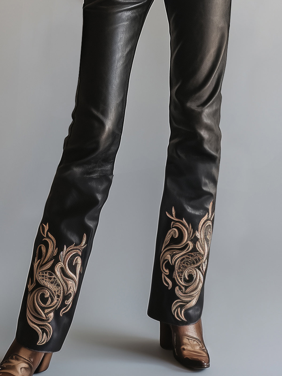 sheenchic PU Leather Embroidery High Rise Straight Pants