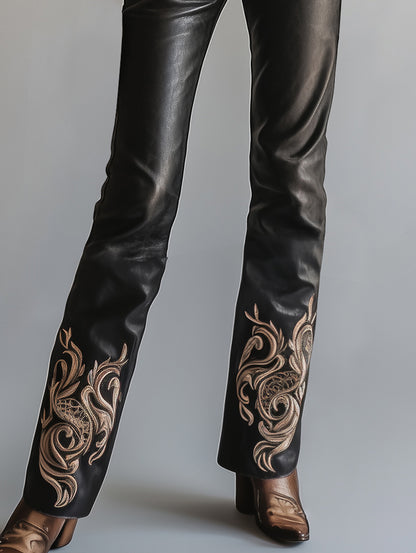 sheenchic PU Leather Embroidery High Rise Straight Pants