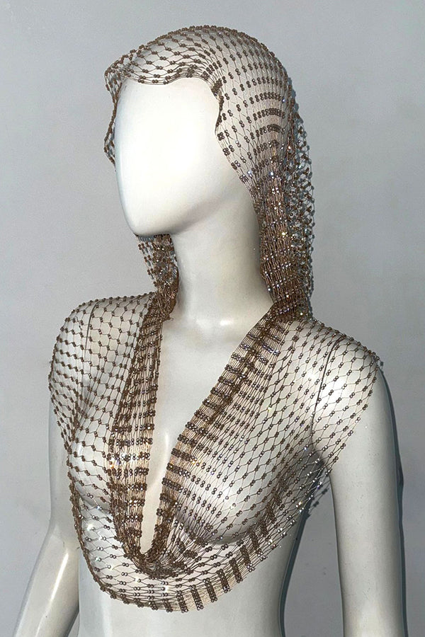 Fashion Fishnet Rhinestone Hooded Vest