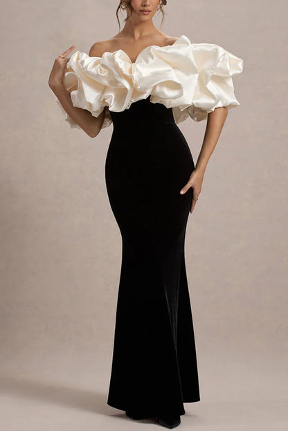 Cecily Velvet Off Shoulder Satin Structured Bardot Neck Stretch Maxi Dress