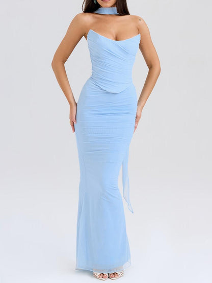 Blue Strapless Bodice and High Waist Skirt with Tie Set