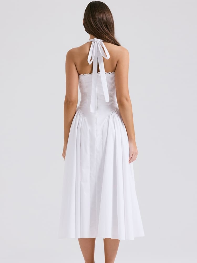White Backless Halter Midi Dress