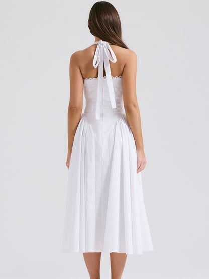 White Backless Halter Midi Dress