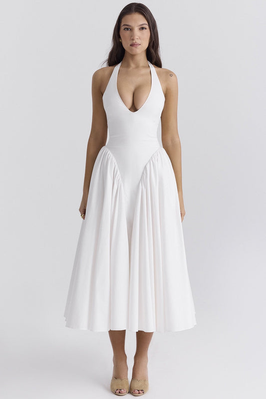 White Cotton Halter Midi Dresses