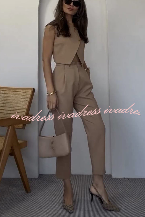 Balvin Linen Blend Cross Button Neck Crop Vest and High Rise Pocketed Pants Set