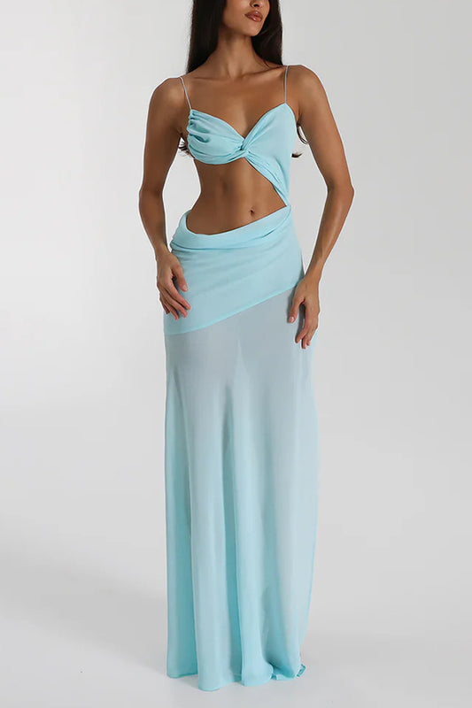 Vestido largo sexy con escote halter, espalda descubierta, cordones y abertura alta 