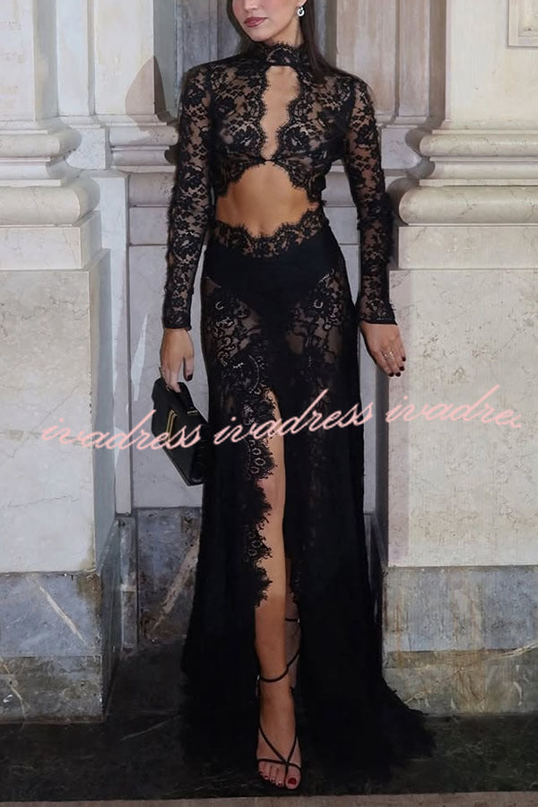 Vestido largo elástico de manga larga con aberturas y encaje transparente Dark Night Charm