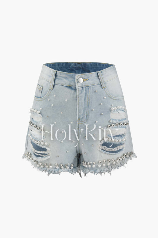 Pearl Embellished Frayed Distressed Denim Shorts