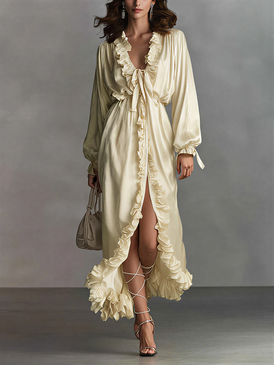 sheenchic Daily Yellow V Neck Long Sleeve Ruffle Elegant Split Midi Dresses [Pre-Order]