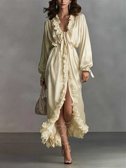 sheenchic Daily Yellow V Neck Long Sleeve Ruffle Elegant Split Midi Dresses [Pre-Order]