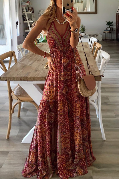 Vestidos largos con cintura elástica y tirantes estampados estilo bohemio celeste 