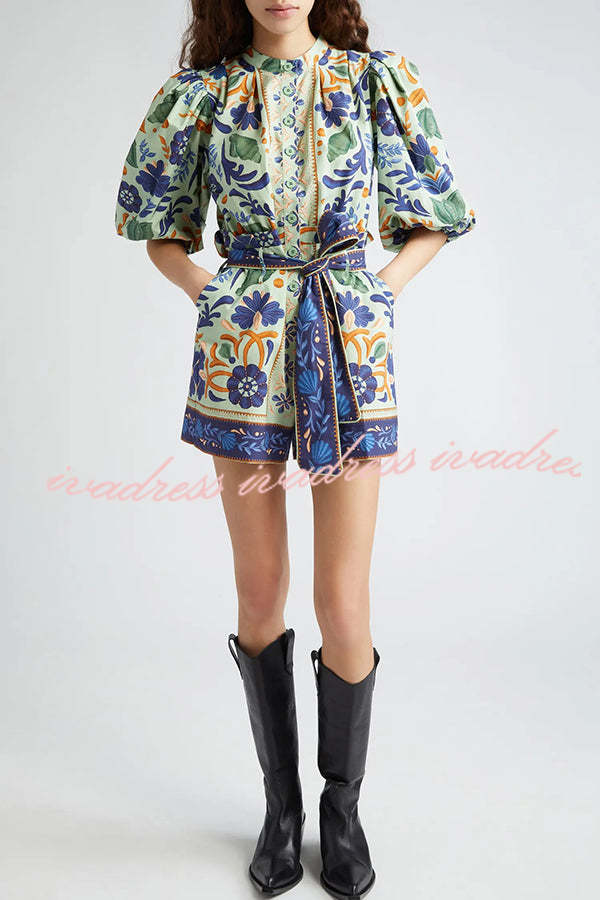 Elouise Linen Blend Unique Print Button Puff Sleeves Tie-up Pocketed Romper