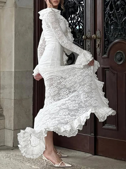 Daily White V Neck Long Sleeve Ruffle Casual Asymmetric Hem Lace Midi Dresses