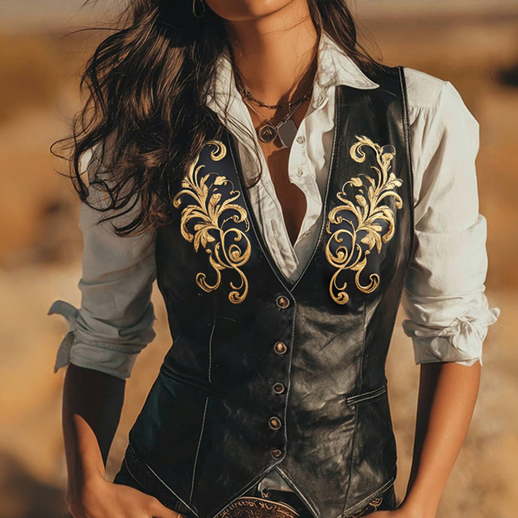 sheenchic Western PU Leather Gold Floral Pattern Single Breasted Vest