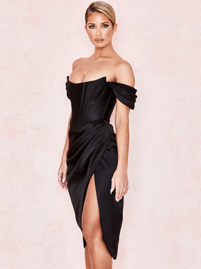 Cap Shoulder Corset Bodycon Midi Dress - Black