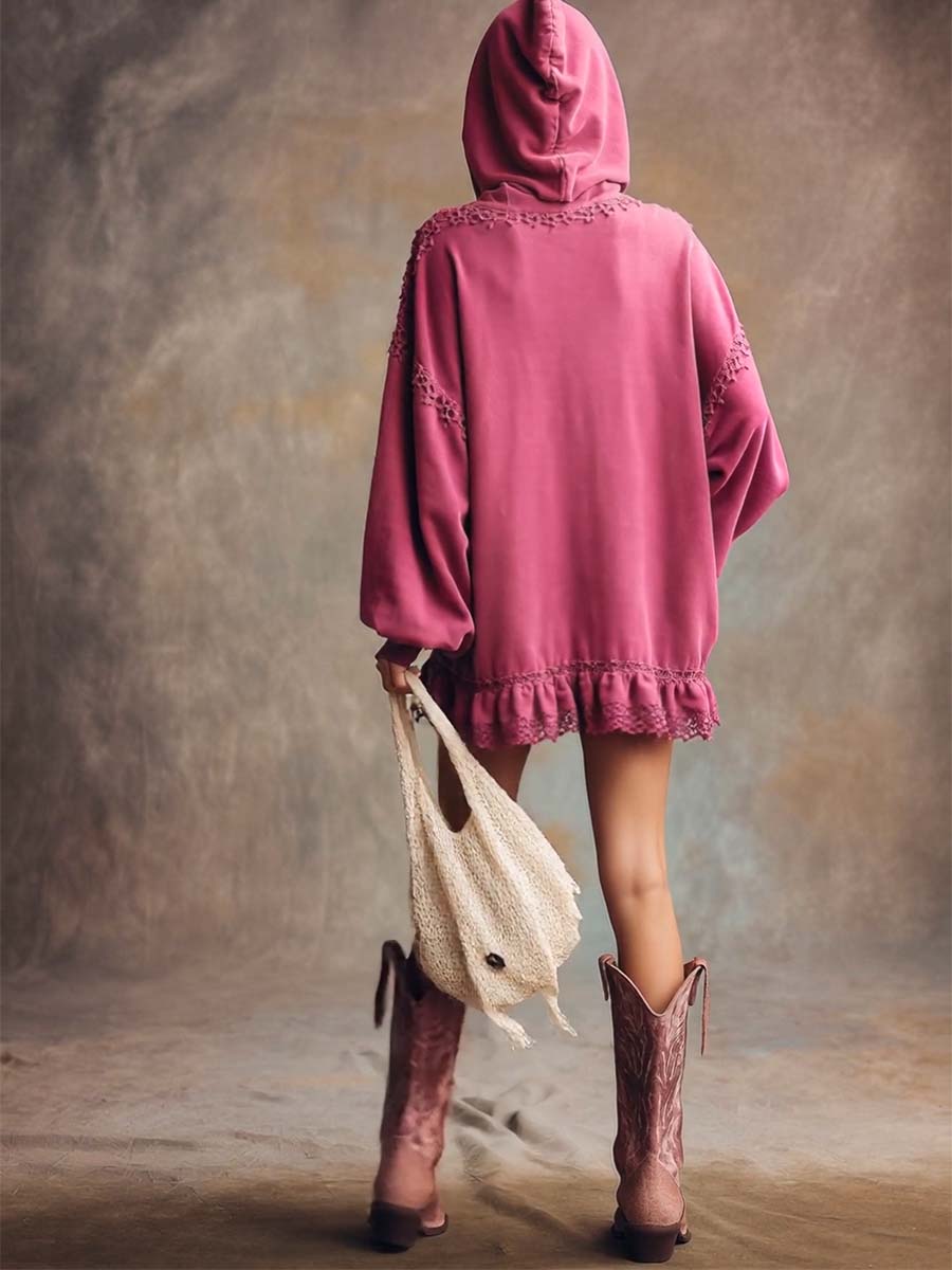 Elegant Retro Sporty Lace Trim And Ruffled Hem Rose Pink Cotton Hooded Style Mini Dress