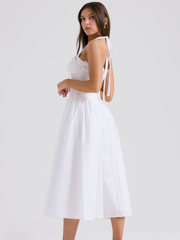White Backless Halter Midi Dress