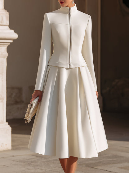 Stand Collar Zip-Up Jacket And Pleated Midi Skirt Set