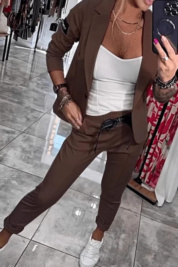 Smart Casual Lapel Blazer and Elastic Waist Tie Pocket Pants Set