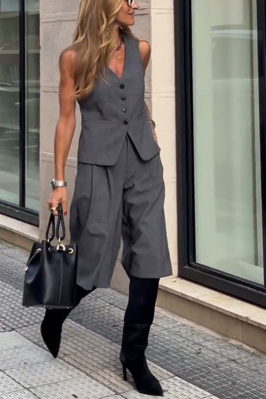 Office Social Button Back Tie-up Vest and Pocketed Wide Leg Midi Pants Set